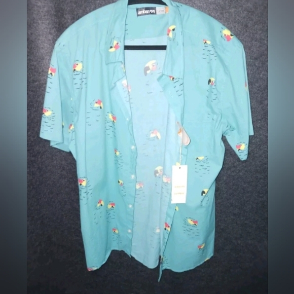 Ambsn Men’s Short Sleeve Button Down 100% Cotton Shirt Size Large Parrots Print - Picture 2 of 9
